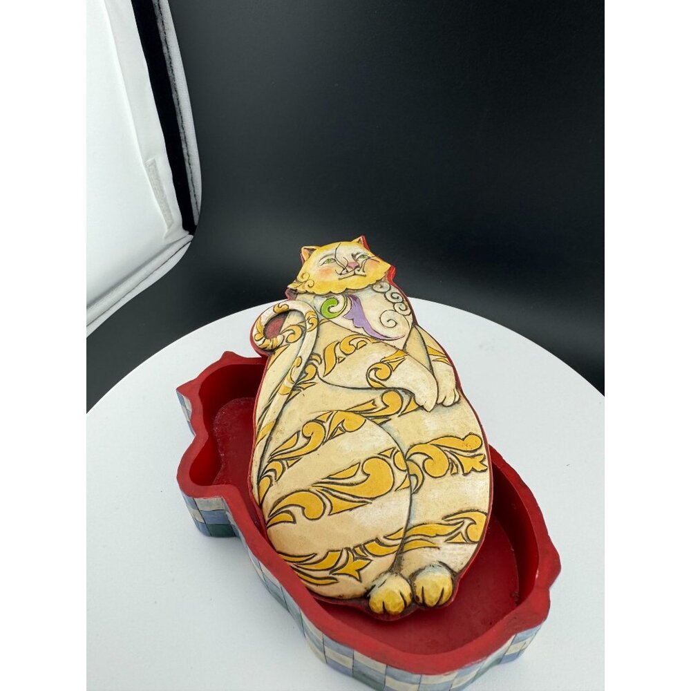 Jim Shore Cat Shaped Decorative Box With Removable Lid & Colorful Design 9" Tall